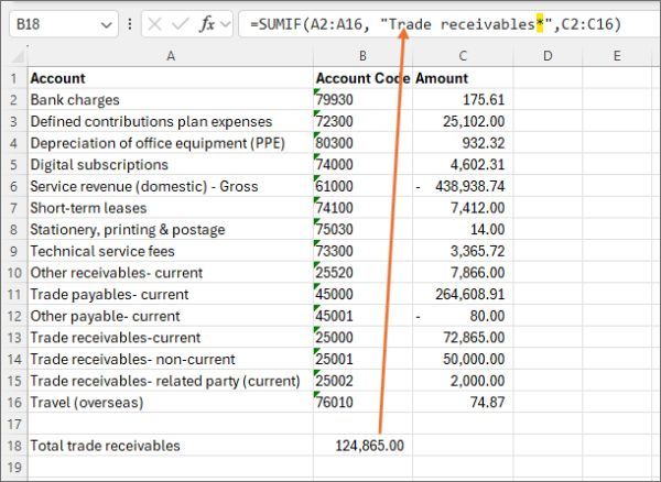 Excel SUMIF formula using the Trade receivables asterisk wildcard, returning a total of 124,865.00.