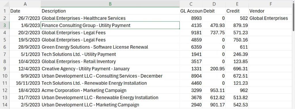 Entering a vendor name in cell F2 and pressing Ctrl + E to trigger Flash Fill