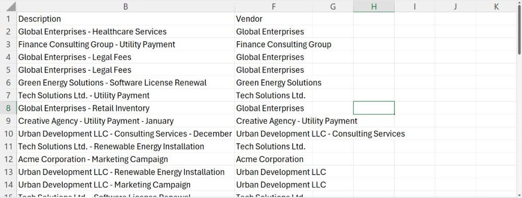 Excel Flash Fill completing the vendor name column by repeating the recognised pattern