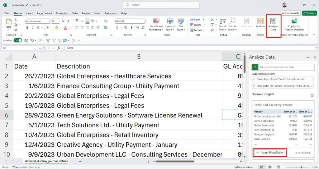 The Analyze Data pane in Excel suggesting a PivotTable ready to insert with one click