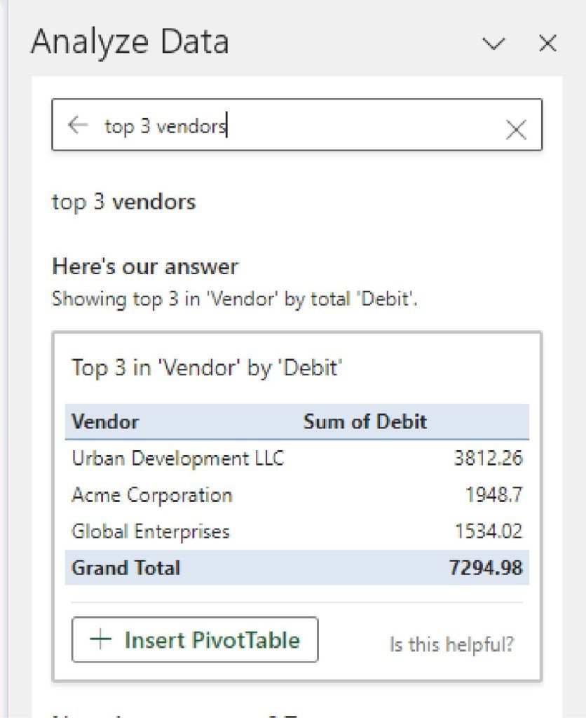 Asking Analyze Data a plain-language question about the top three vendors