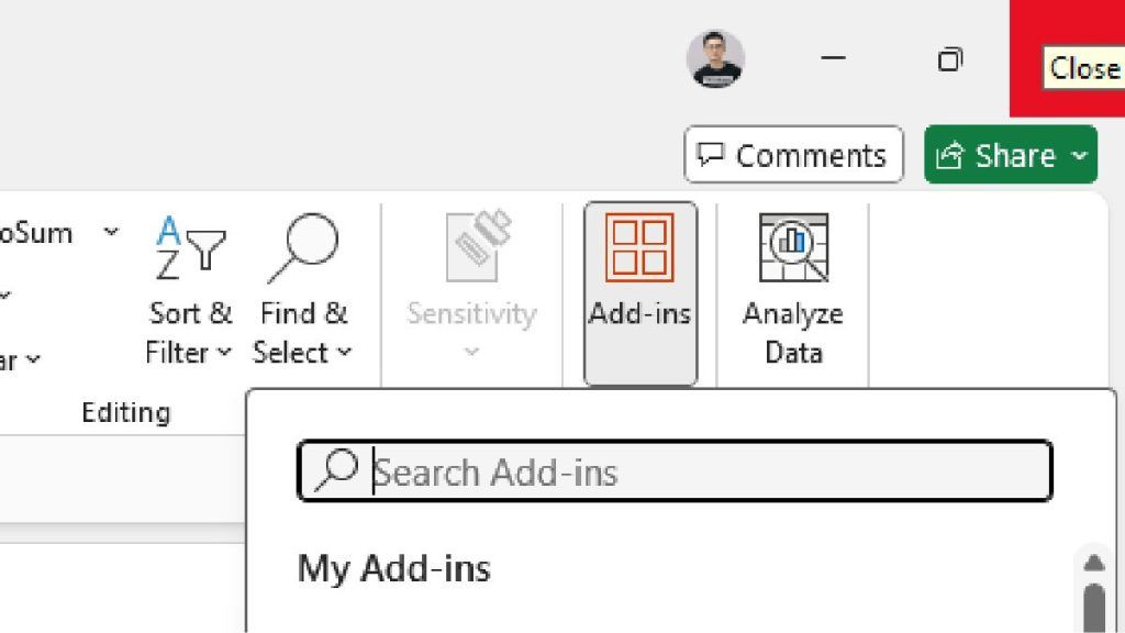 The Excel Add-ins menu showing a list of available AI-powered add-ins to install