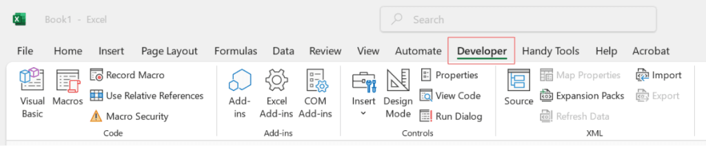 The Developer tab shown in the Excel ribbon after being enabled.