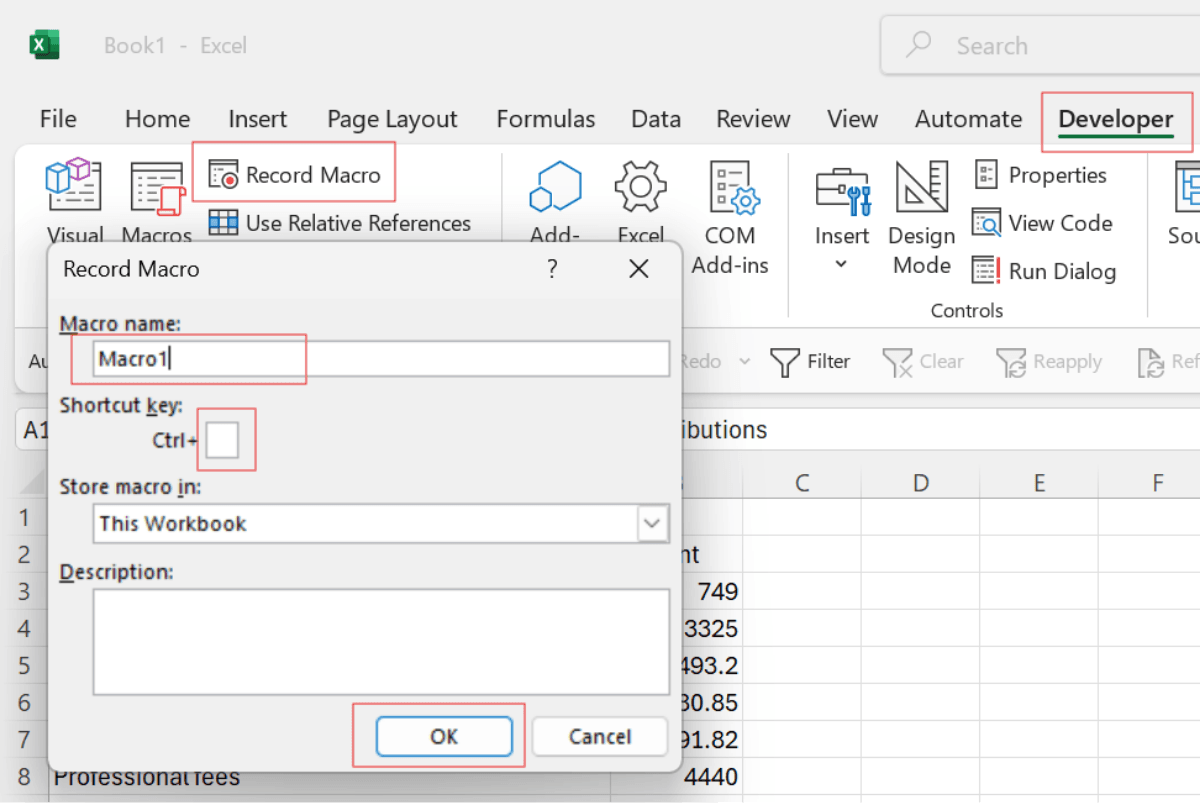 The Record Macro dialog box in the Excel Developer tab.
