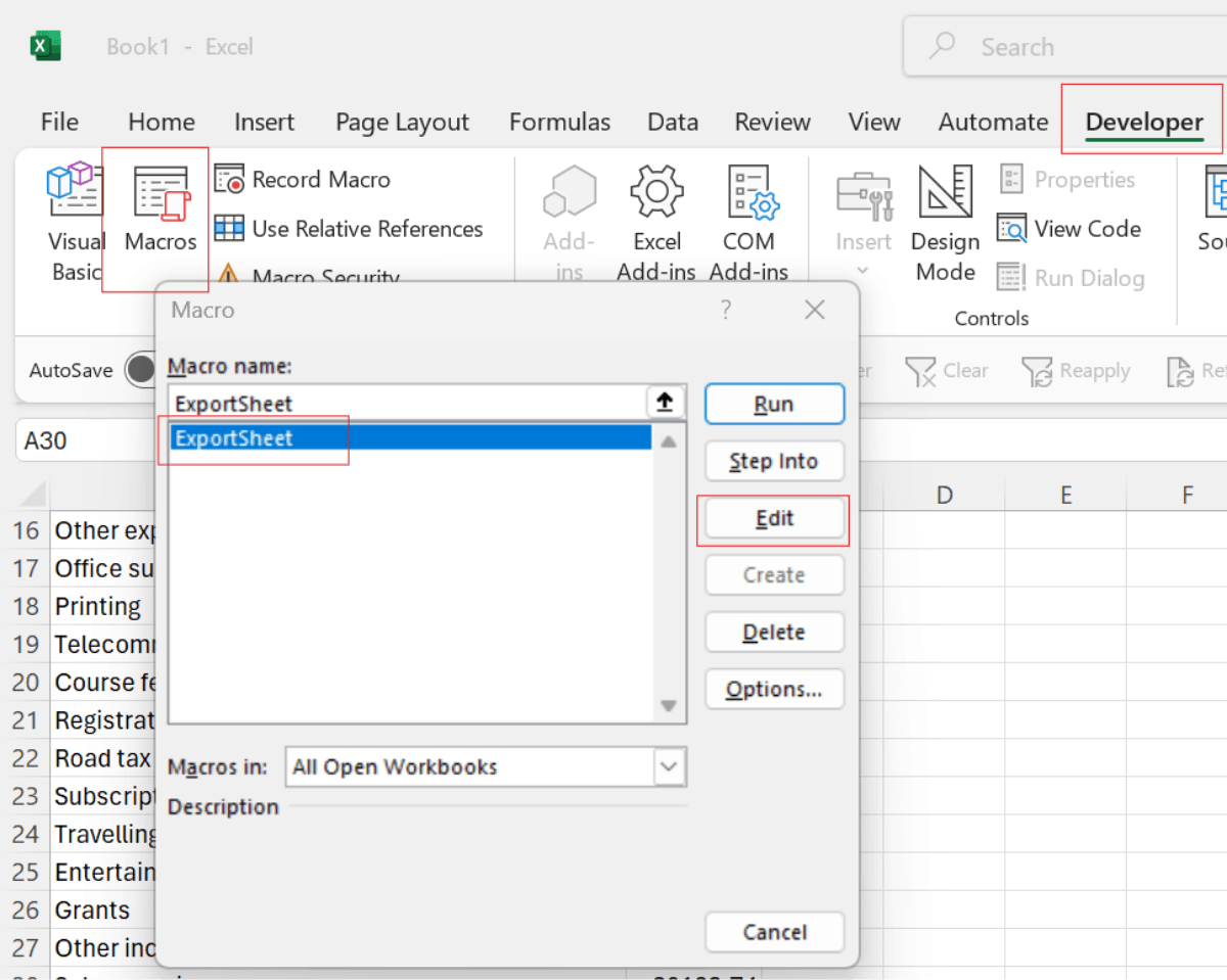 The Macros dialog box with the Edit button used to open a recorded macro.