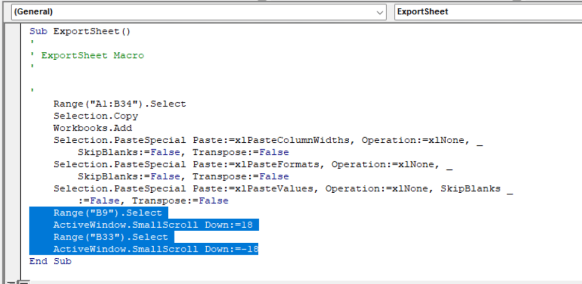 The recorded macro code displayed in the Excel VBA Editor.