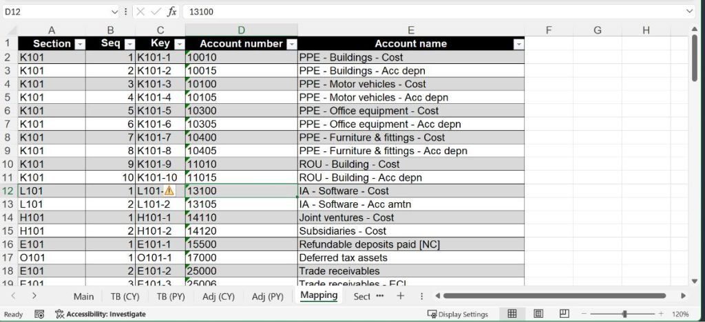 Auto-filtered lookup table showing account numbers mapped to a lead schedule.