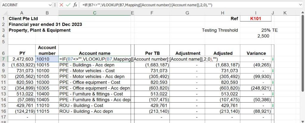 VLOOKUP formula copied down each row to retrieve account names.