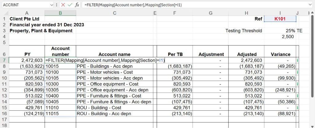 The FILTER function spilling account numbers into multiple cells.