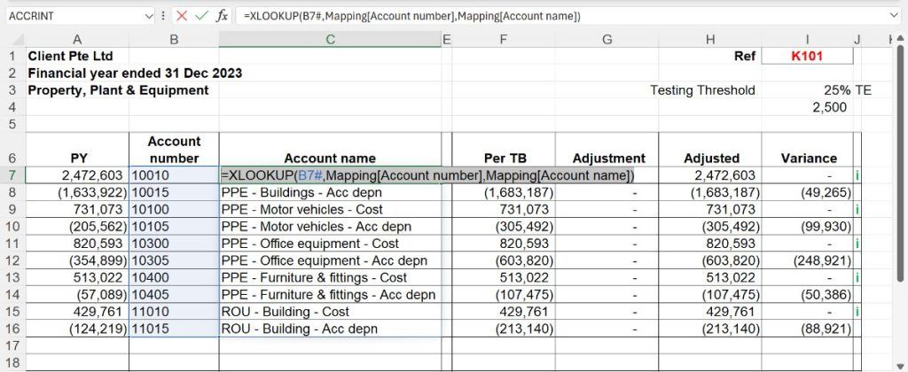 XLOOKUP using the spill range operator to return every matching account name.