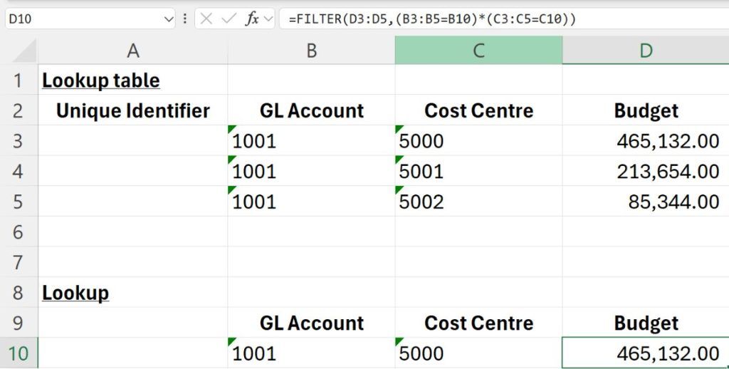 A FILTER function returning the rows that match both criteria.