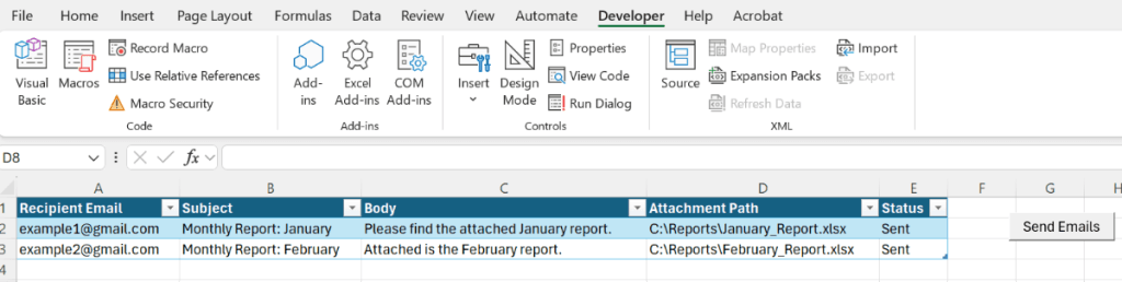 A form control button on the spreadsheet renamed to Send Emails.