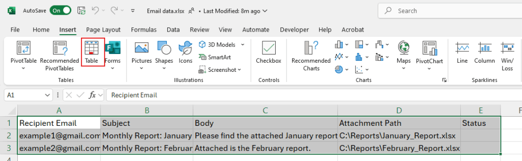 The Table icon on the Insert tab of the Excel ribbon.