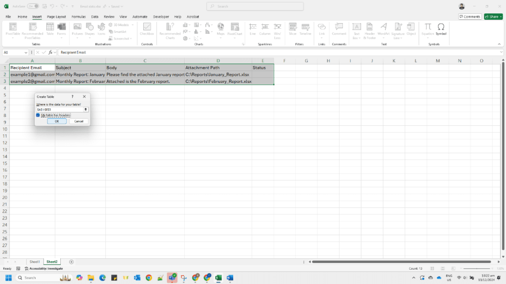 The Create Table dialog box with the My table has headers option checked.