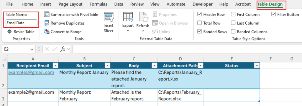 The Table Name box on the Table Design tab, with the name EmailData entered.