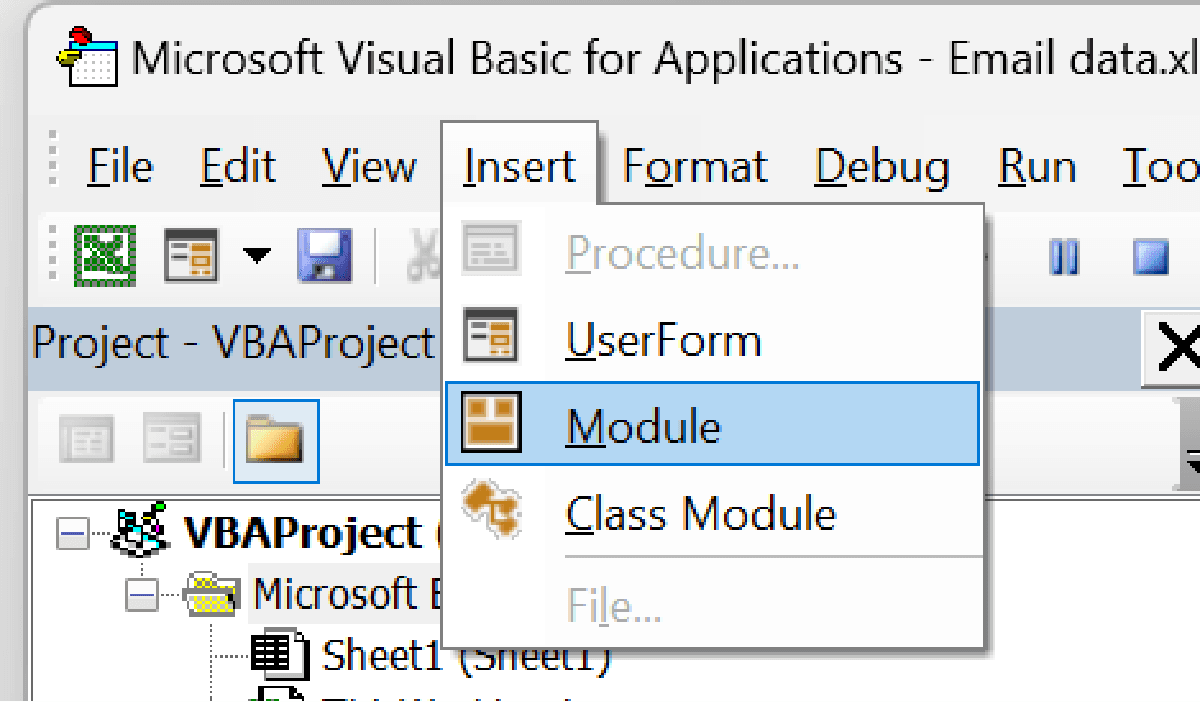 The Insert menu in the VBA editor with the Module option selected.