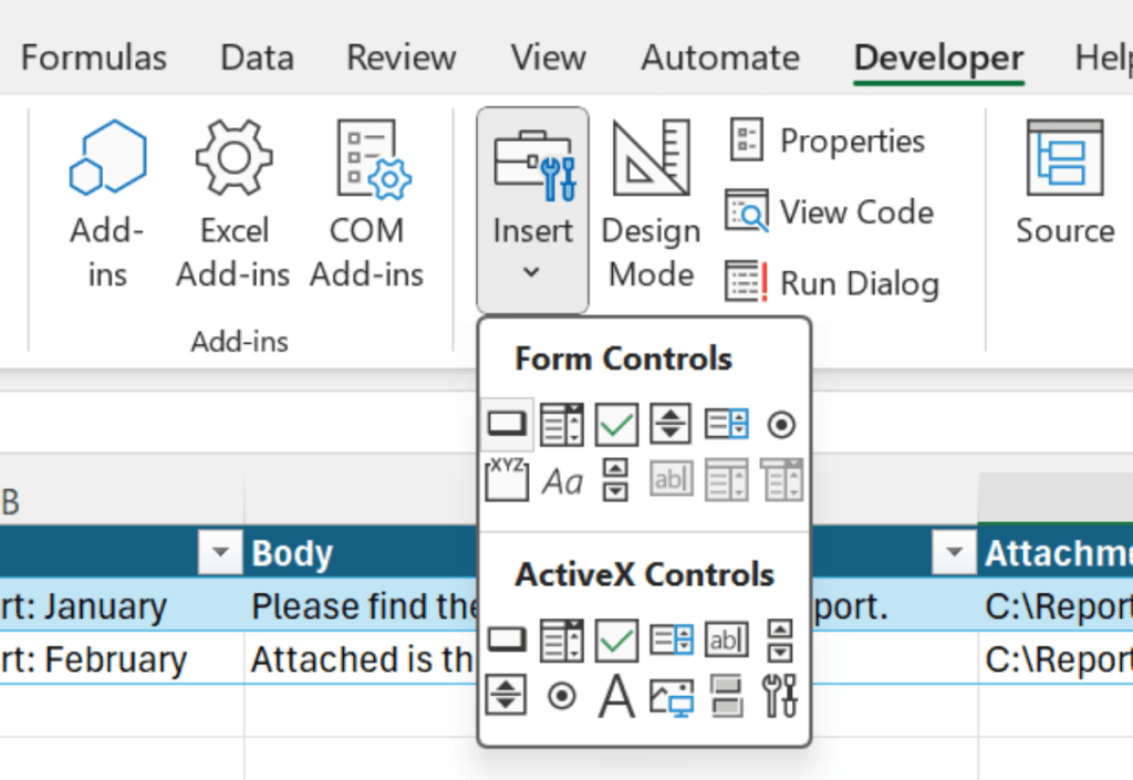 The Form Control Button icon in the Insert menu of the Developer tab.