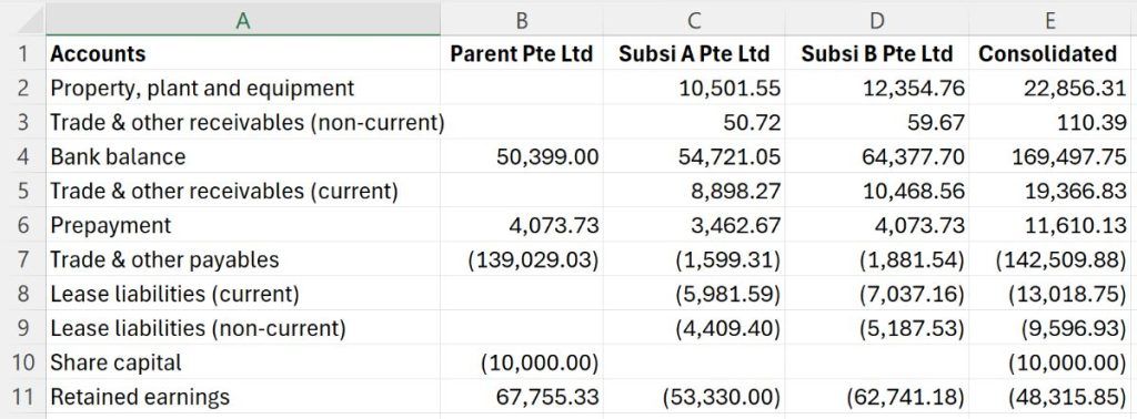 A typical consolidation worksheet with accounts listed in rows and group entities in columns.