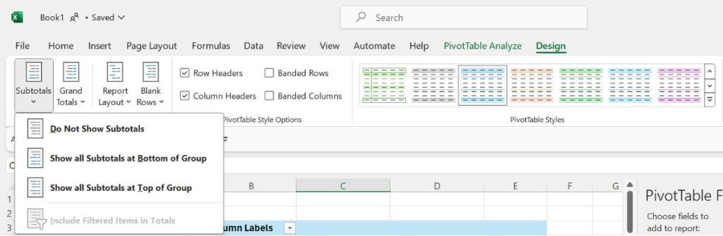 The Subtotals menu on the pivot table Design tab set to Do Not Show Subtotals.