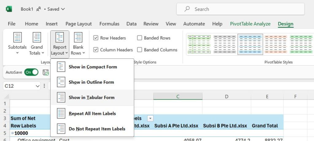 The Report Layout menu set to Show in Tabular Form.