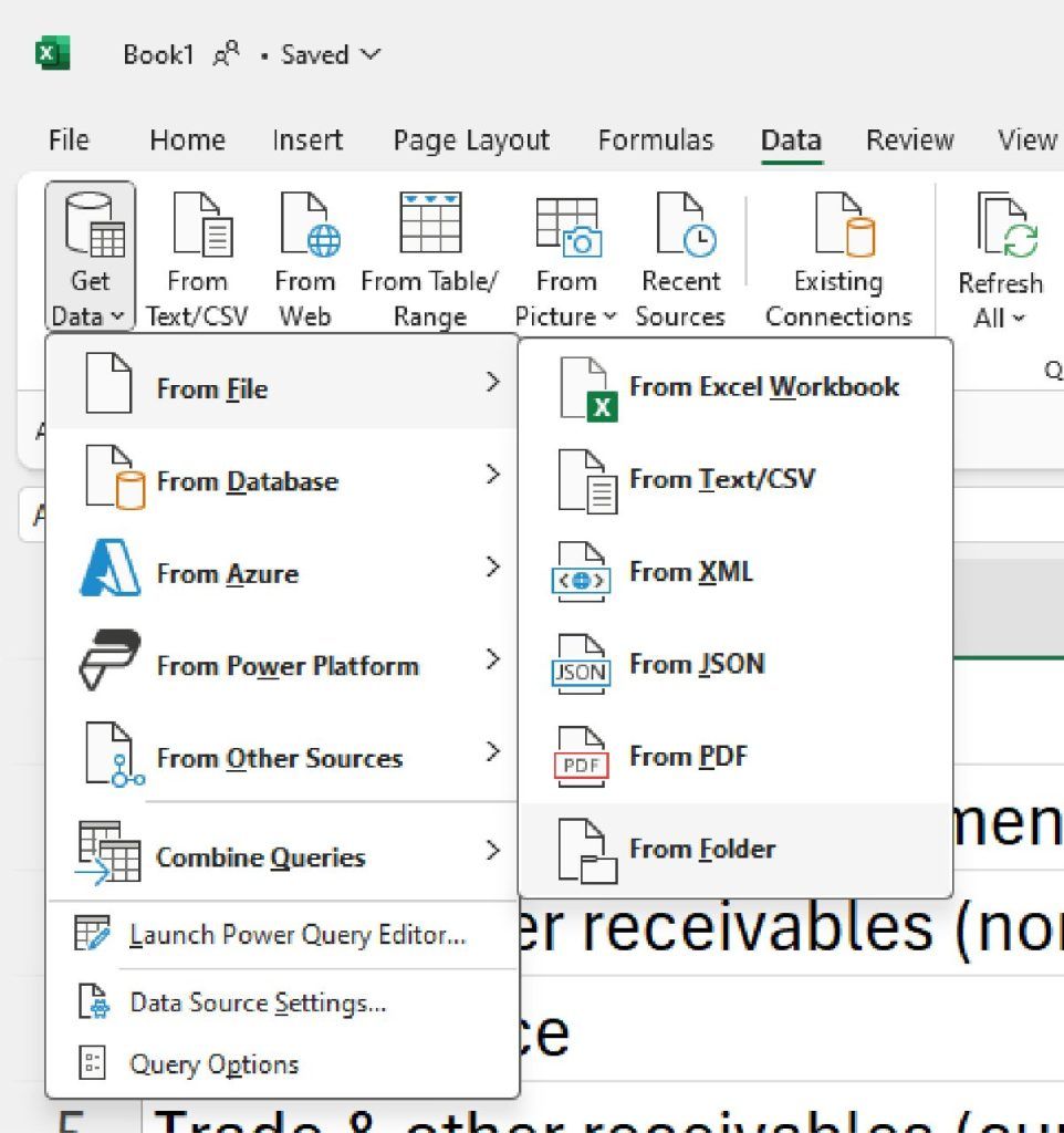 The Get Data menu in the Excel Data tab, showing From File then From Folder.