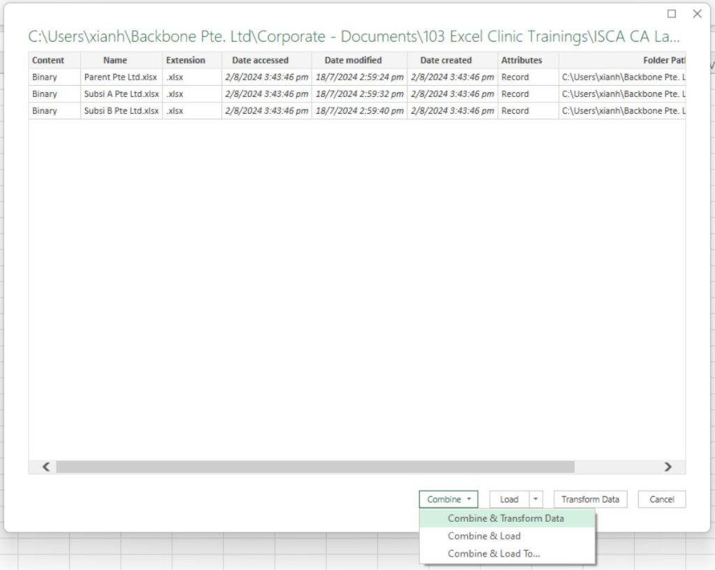 The folder preview dialog with the Combine & Transform Data option.