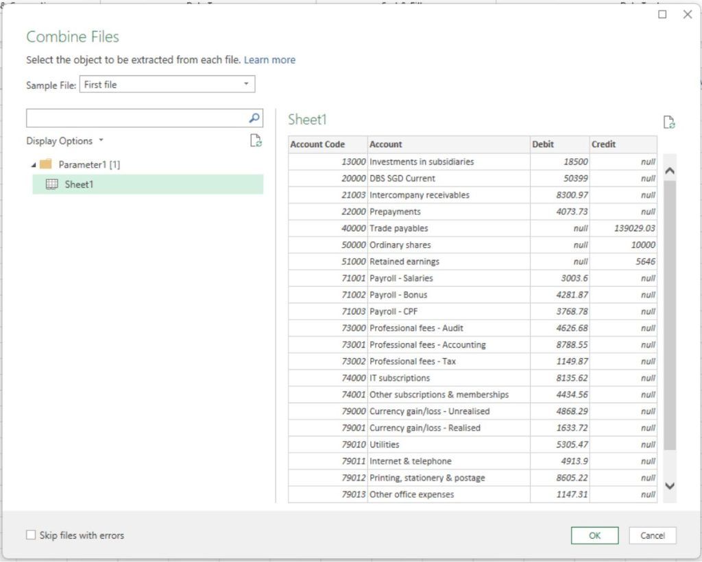 Selecting the trial balance worksheet in the combine files dialog.