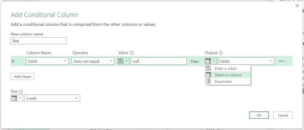 The Conditional Column dialog configured to return Debit or else Credit.