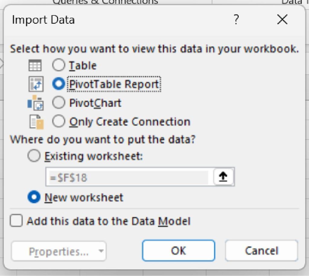 The Close & Load To dialog with the PivotTable report option selected.