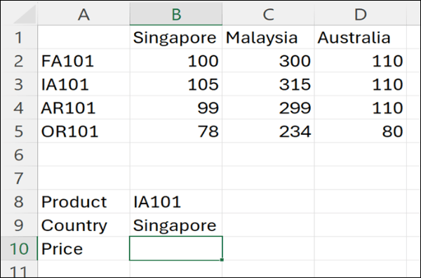 Table 3: the pricing table with a lookup area below it, showing Product IA101 in cell B8, Country Singapore in cell B9, and an empty Price cell at B10.