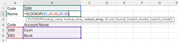 XLOOKUP selecting separate lookup and return arrays in Excel.