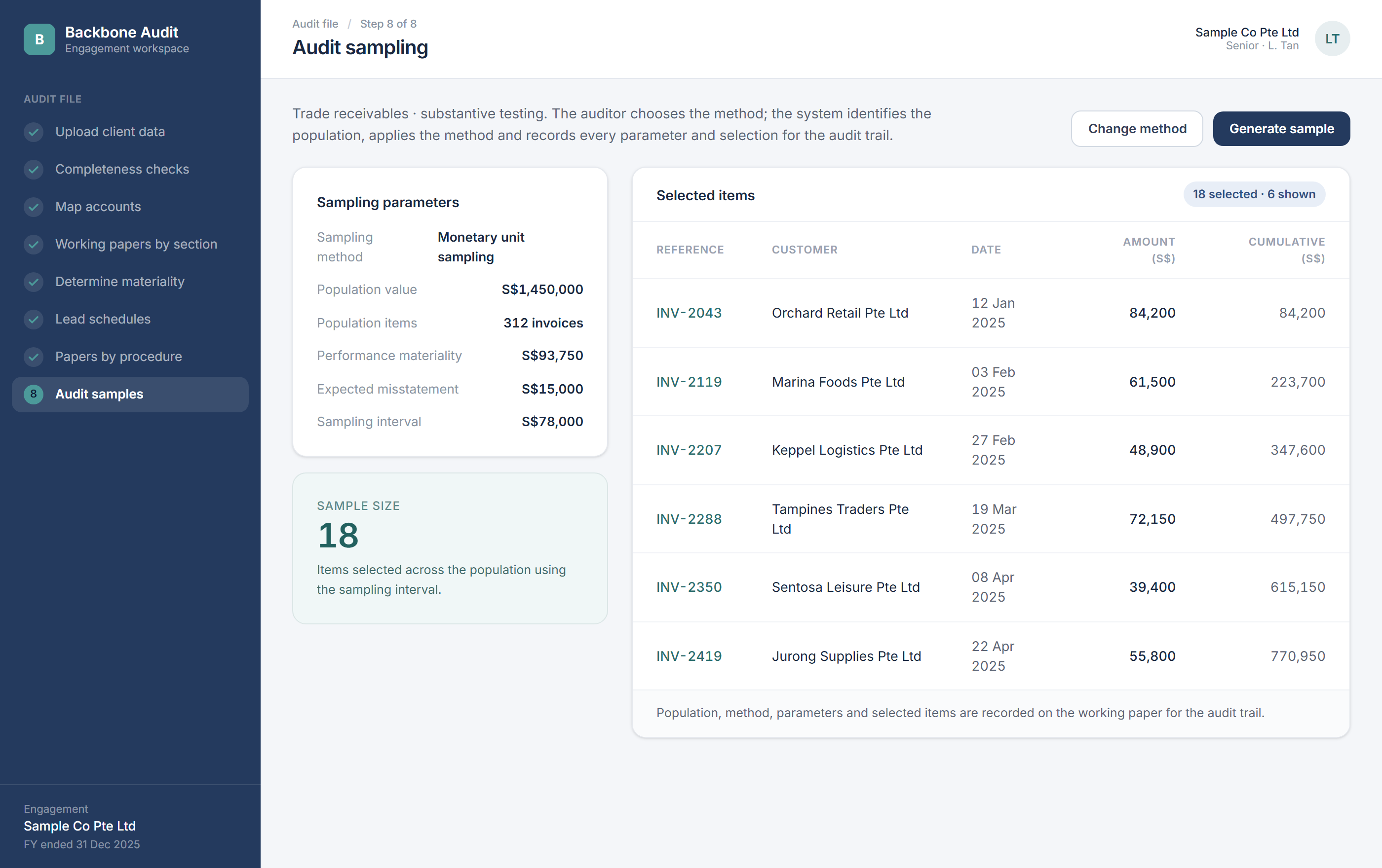 Audit sampling screen using monetary unit sampling, showing the population value, performance materiality, sampling interval, a sample size of eighteen, and the list of selected invoices with cumulative amounts recorded for the audit trail.