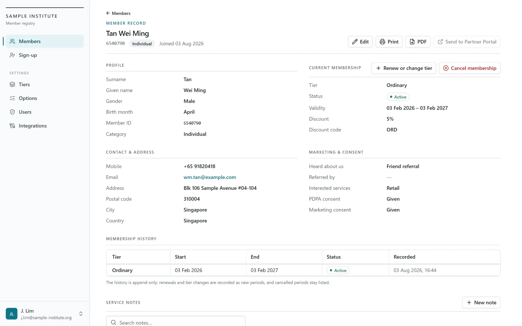 Individual member record showing the profile, contact details and marketing consent alongside the current membership panel with tier, active status, validity dates and discount, a renew or change tier action, and an append-only membership history recording each period.