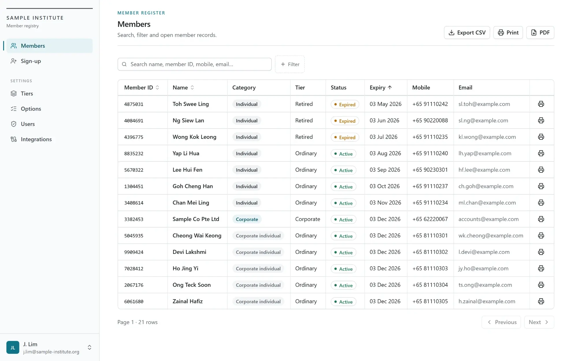 Member register listing each member with their membership number, category, tier, status, expiry date and contact details, searchable and filterable, with individual, corporate and corporate-individual members shown side by side.